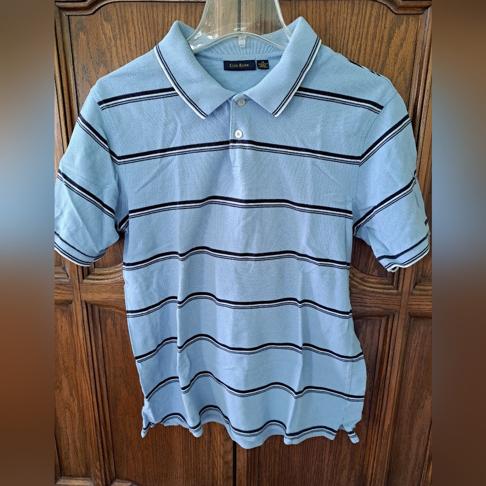 Club Room Light Blue Polo Shirt with Black and White Stripes